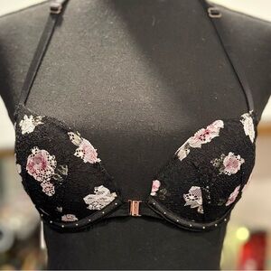 PINK Victoria's Secret Black and Pink Floral Lace Bra